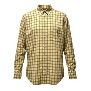 Roundtree & Yorke XL Yellow Blue Plaid Button-Down Shirt Cotton Blend